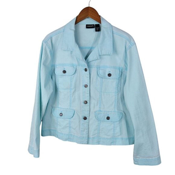 Chicos Denim Jean Jacket Size 2 Large coat Button Up Trucker Barn Chore Blue - Picture 1 of 6
